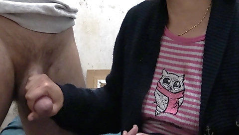 Handjob for a real stepson's first time in his life