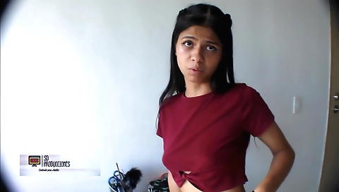 Indian girl with shaved pussy sucks on the office sofa