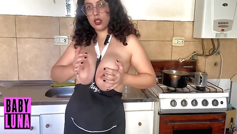 Cooky amateur brunette enjoys cooking in the kitchen
