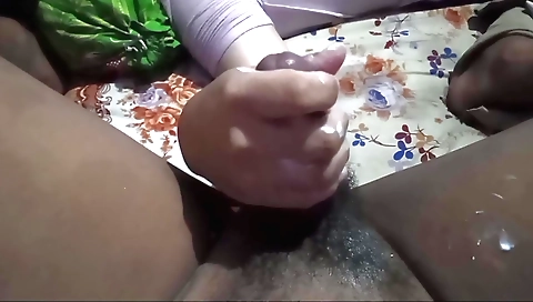 Indian maid in red dress has handjob on boss' cock