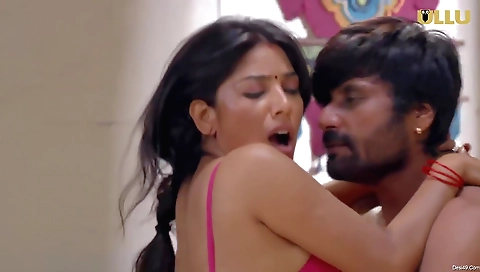 Brunette in the bed with fingers and pussy of a man